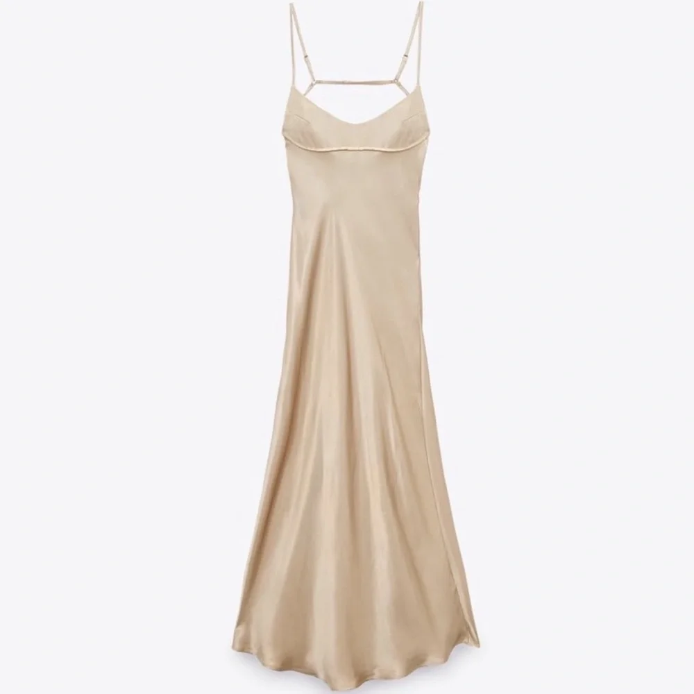 Zara Beige Satin Slip Dress - Picture 1 of 8
